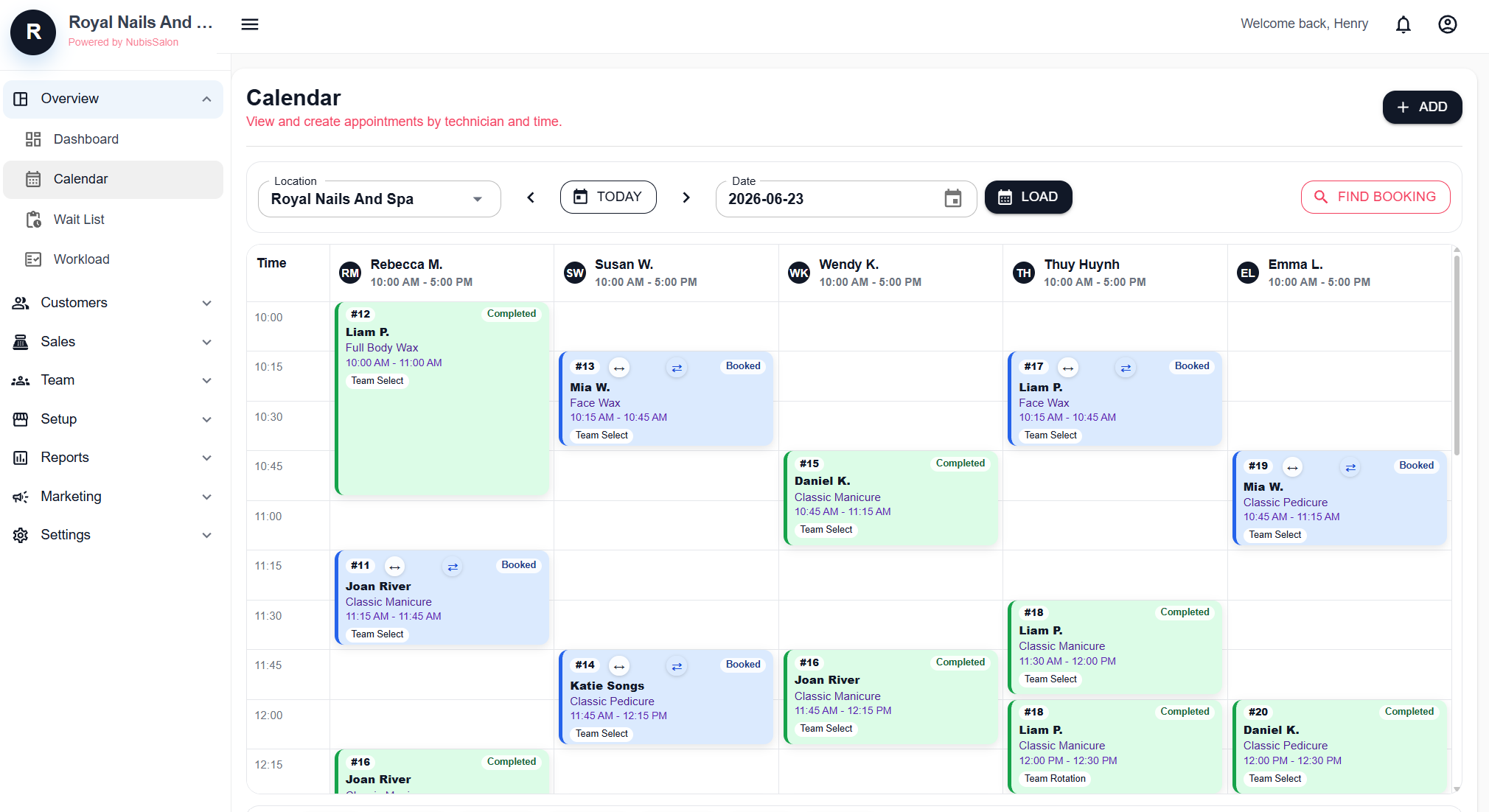 Nubis Salon appointment calendar dashboard